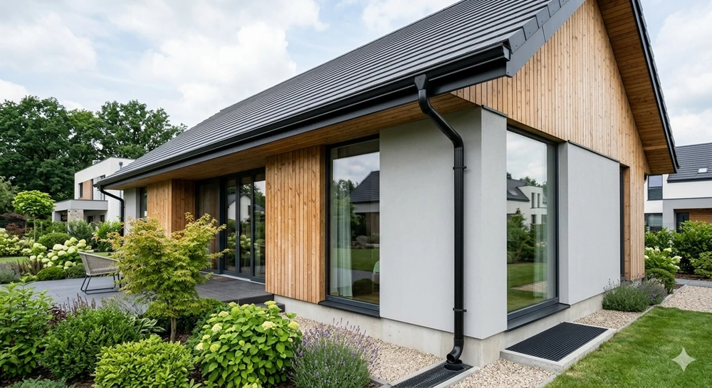 Modernes Einfamilienhaus mit dunkler Dacheindeckung und stilvoller Holzfassade