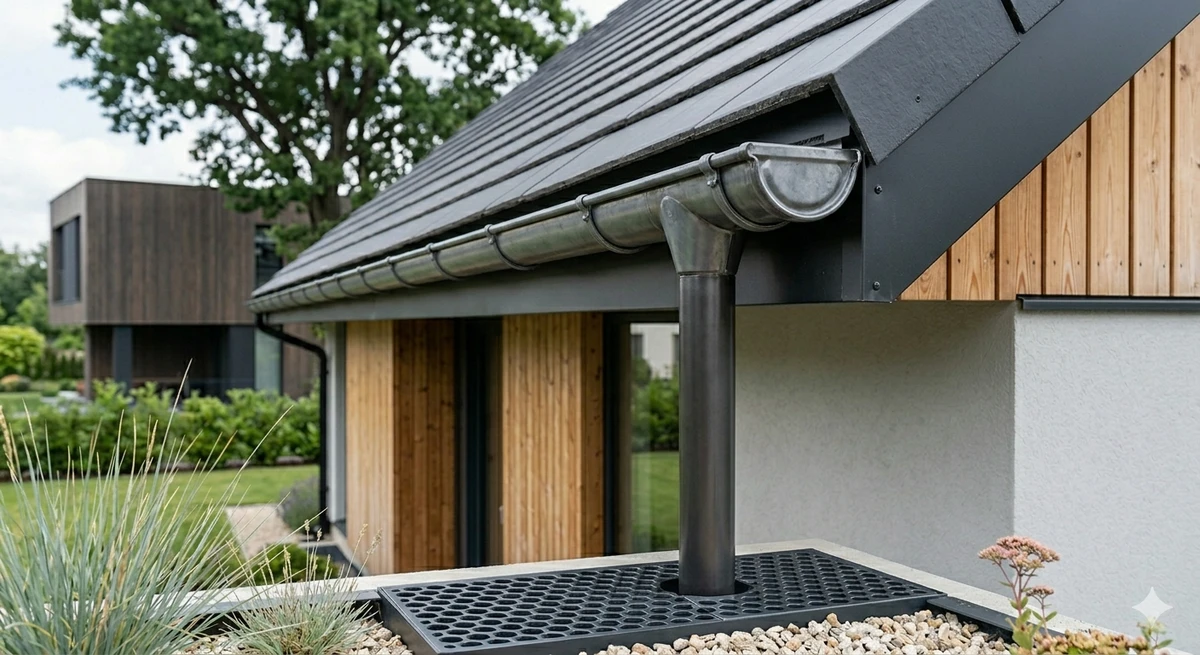 Zink-Dachrinne mit Fallrohr an modernem Satteldach über Flachdachterrasse mit Kiesbelag, Dachrinnen Montage