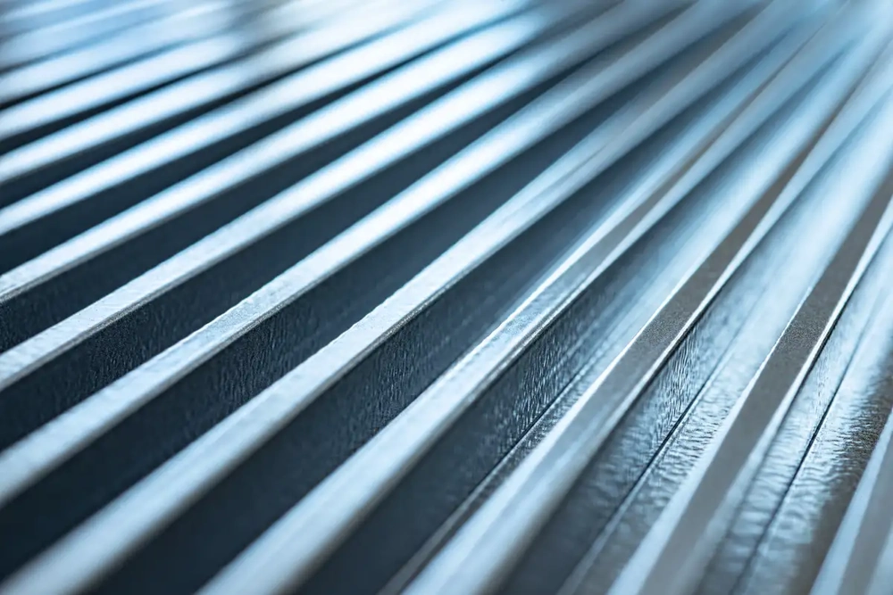 Nahaufnahme einer glänzenden Trapezblech Dach Eindeckung mit parallelen Metallprofilen