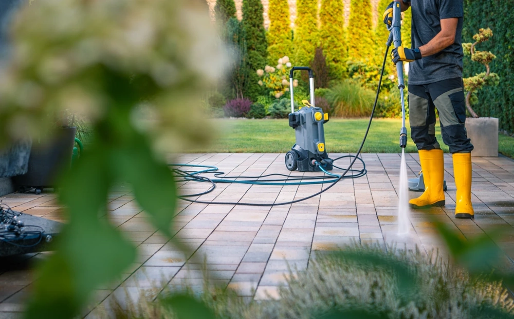 Handwerker reinigt Steinplatten einer Terrasse mit Hochdruckreiniger für Terrassensanierung