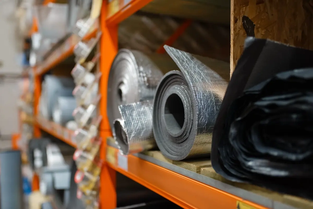 Reflektierende Dämmmattenrollen auf Lagerregal als Material für professionelle Dachdämmung