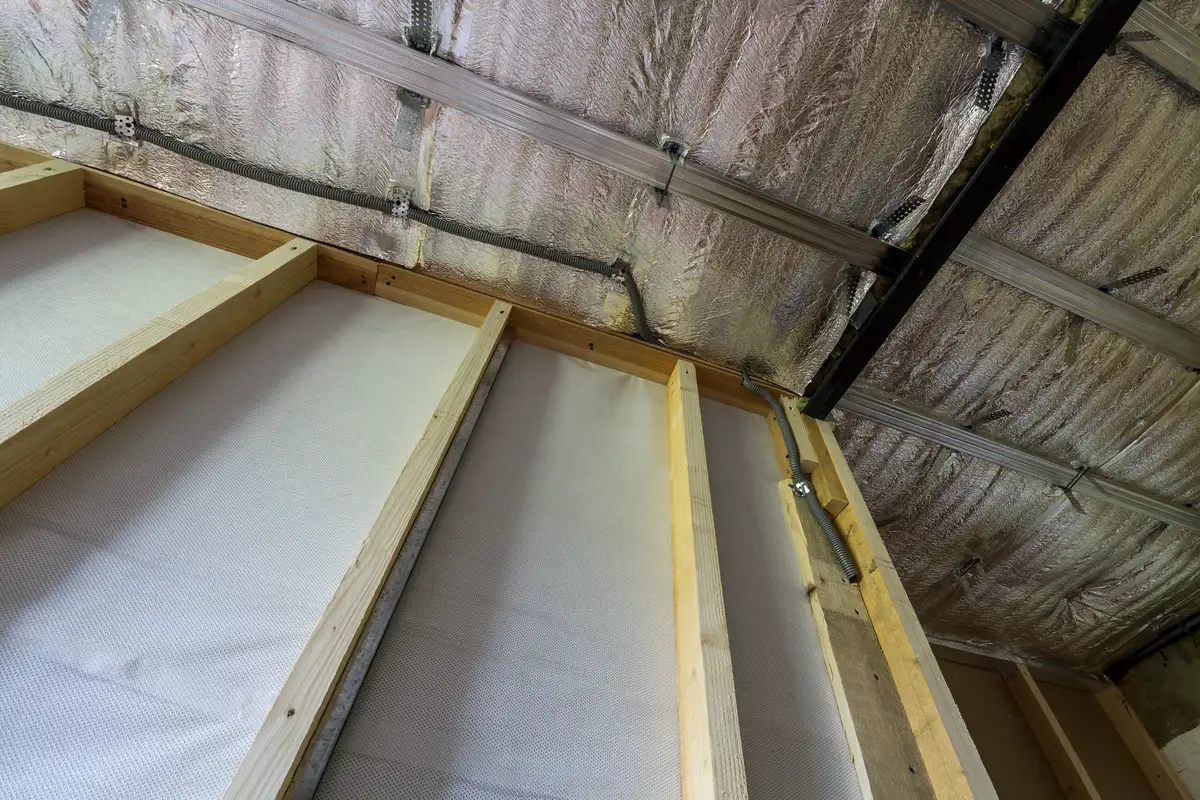 Montage einer Dampfsperre im Dachbereich mit Aluminiumfolie, Holzständern und Deckenprofilen