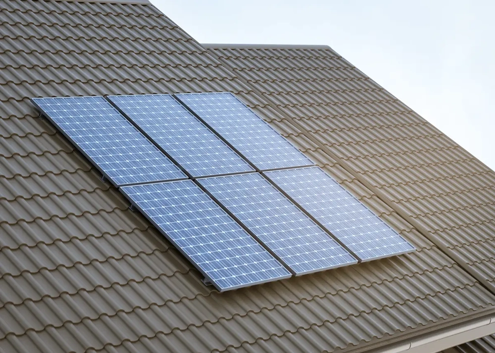 Photovoltaik-Dachmontage: Solarmodule auf braunem Ziegeldach montiert